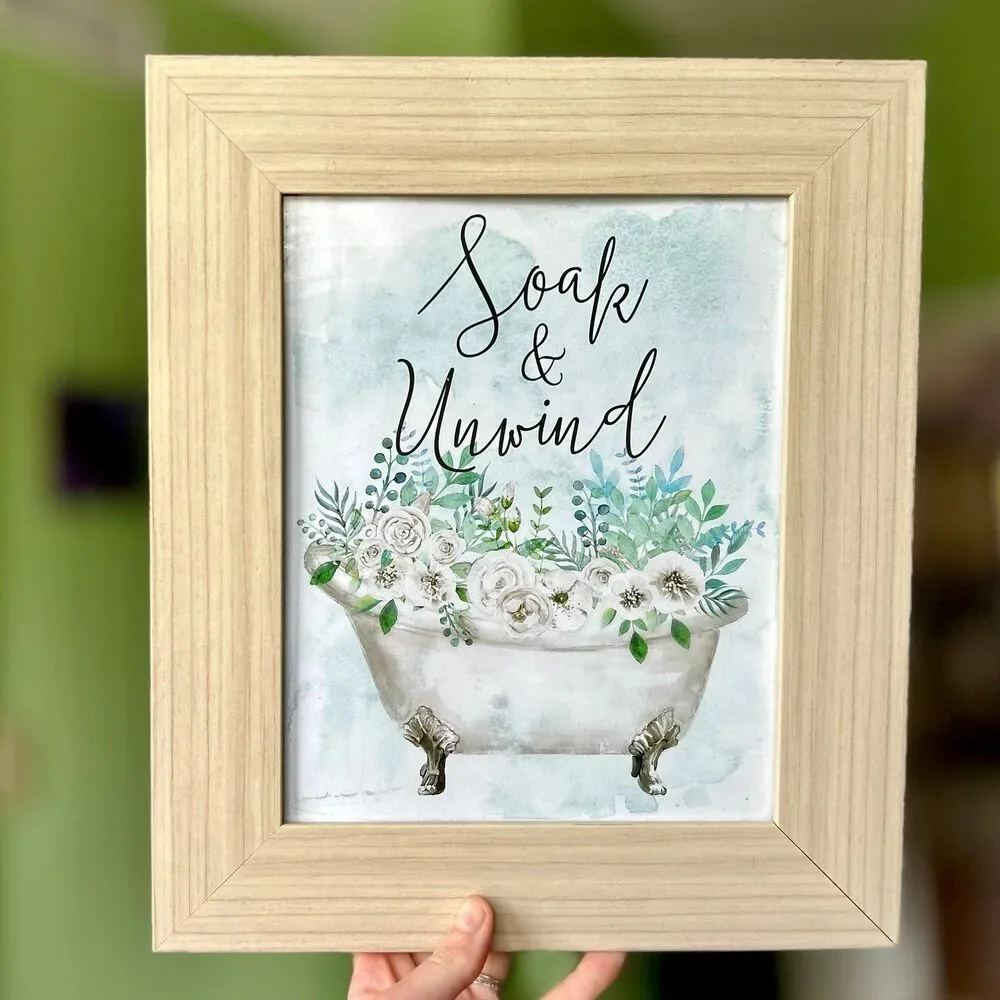 Framed Floral Soak & Unwind Relaxing Bathroom Clawfoot Tub Wall Sign